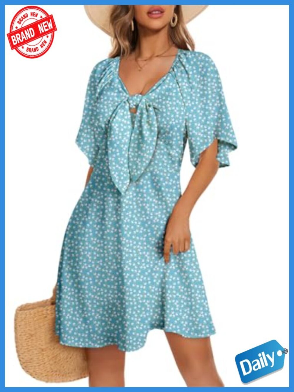 Deep V Neck Bow Tie Ruffle Mini Dress - Lightweight & Flowy Cocktail Dress